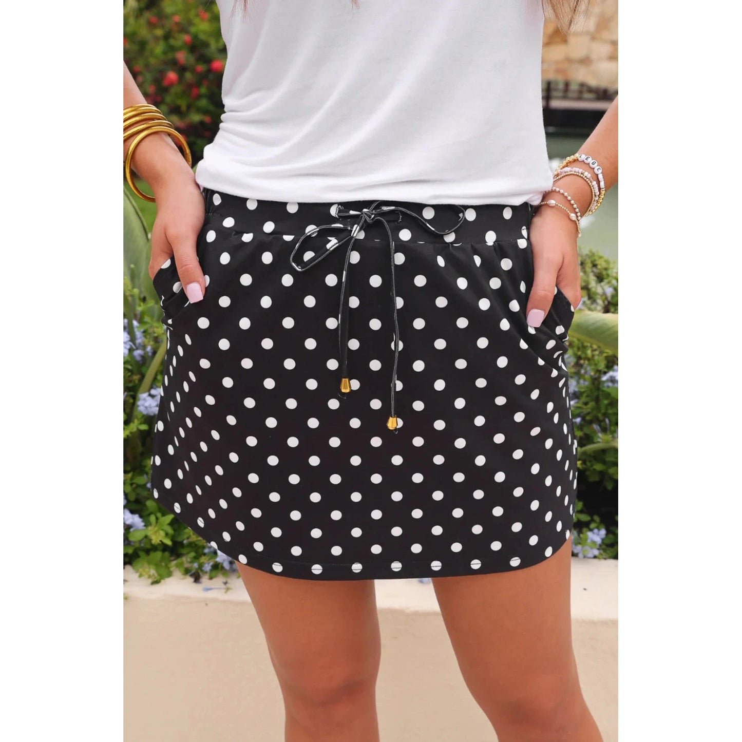 Brianne Black Polka Dot Drawstring Casual Mini Skort