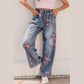 Bridgette Beau Blue Floral Print Elastic Waist Pull On Casual Jeans
