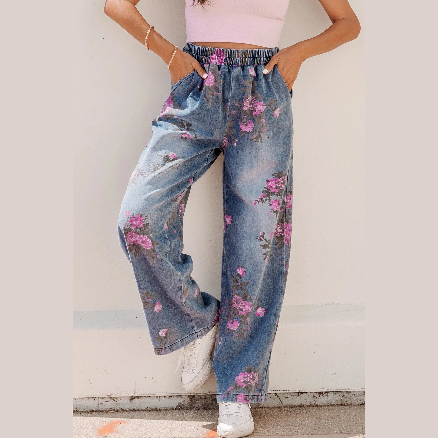 Bridgette Beau Blue Floral Print Elastic Waist Pull On Casual Jeans