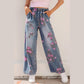 Bridgette Beau Blue Floral Print Elastic Waist Pull On Casual Jeans