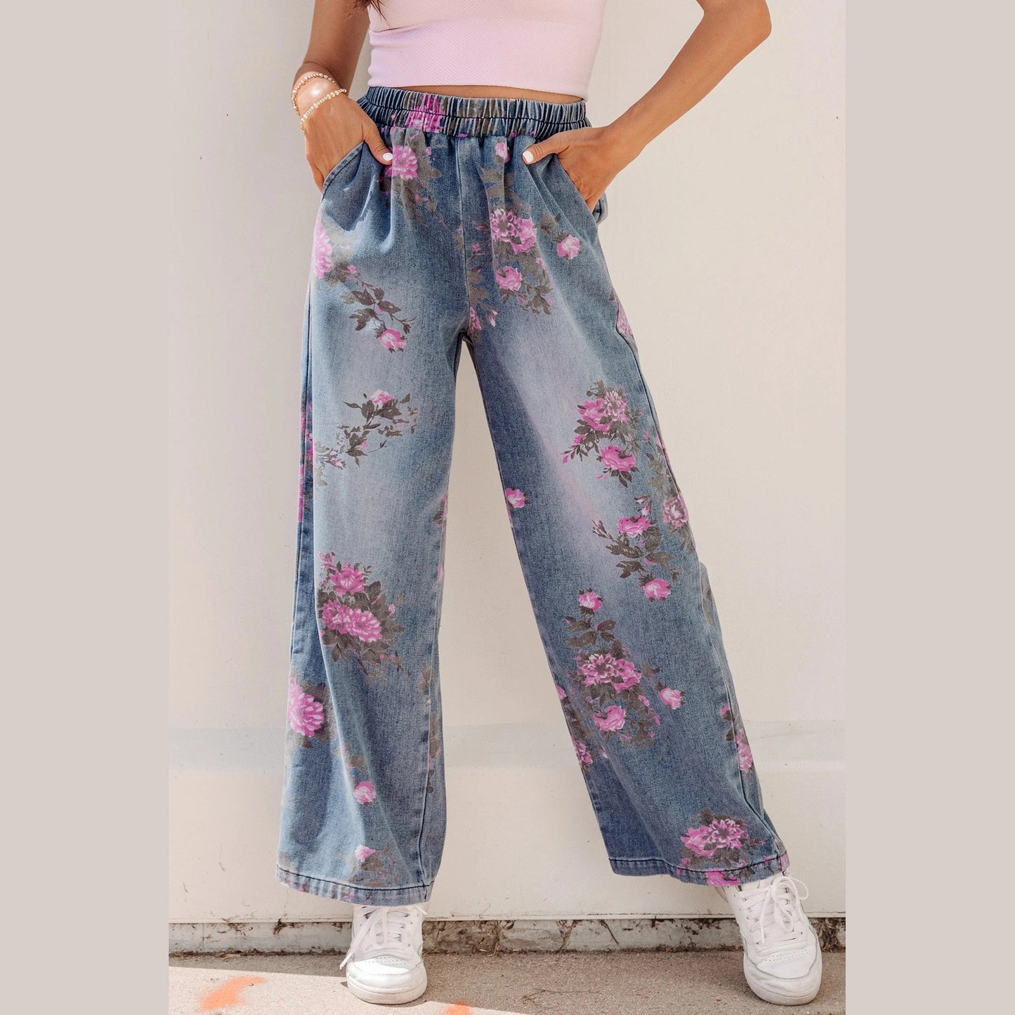 Bridgette Beau Blue Floral Print Elastic Waist Pull On Casual Jeans