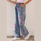 Bridgette Beau Blue Floral Print Elastic Waist Pull On Casual Jeans