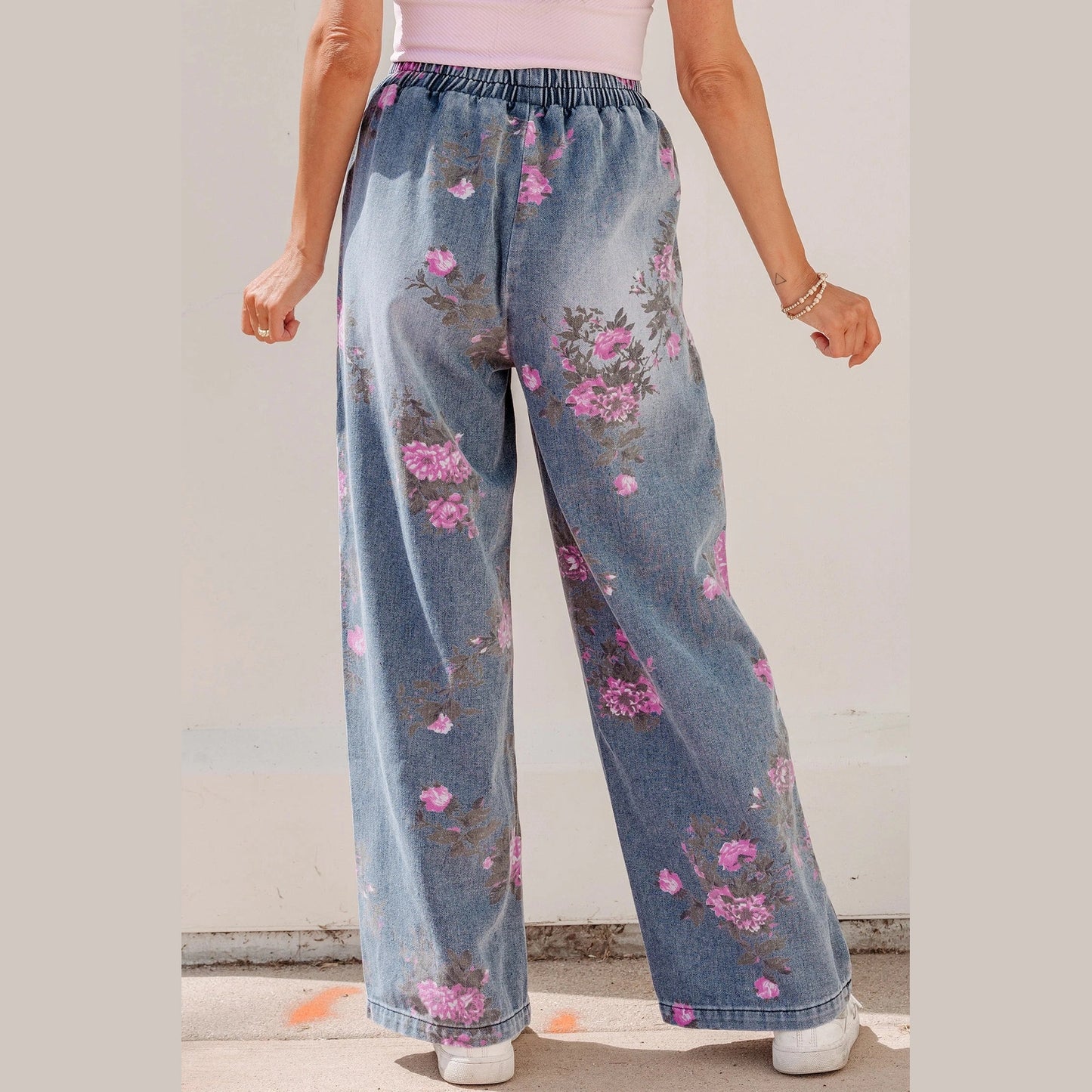 Bridgette Beau Blue Floral Print Elastic Waist Pull On Casual Jeans