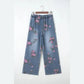 Bridgette Beau Blue Floral Print Elastic Waist Pull On Casual Jeans