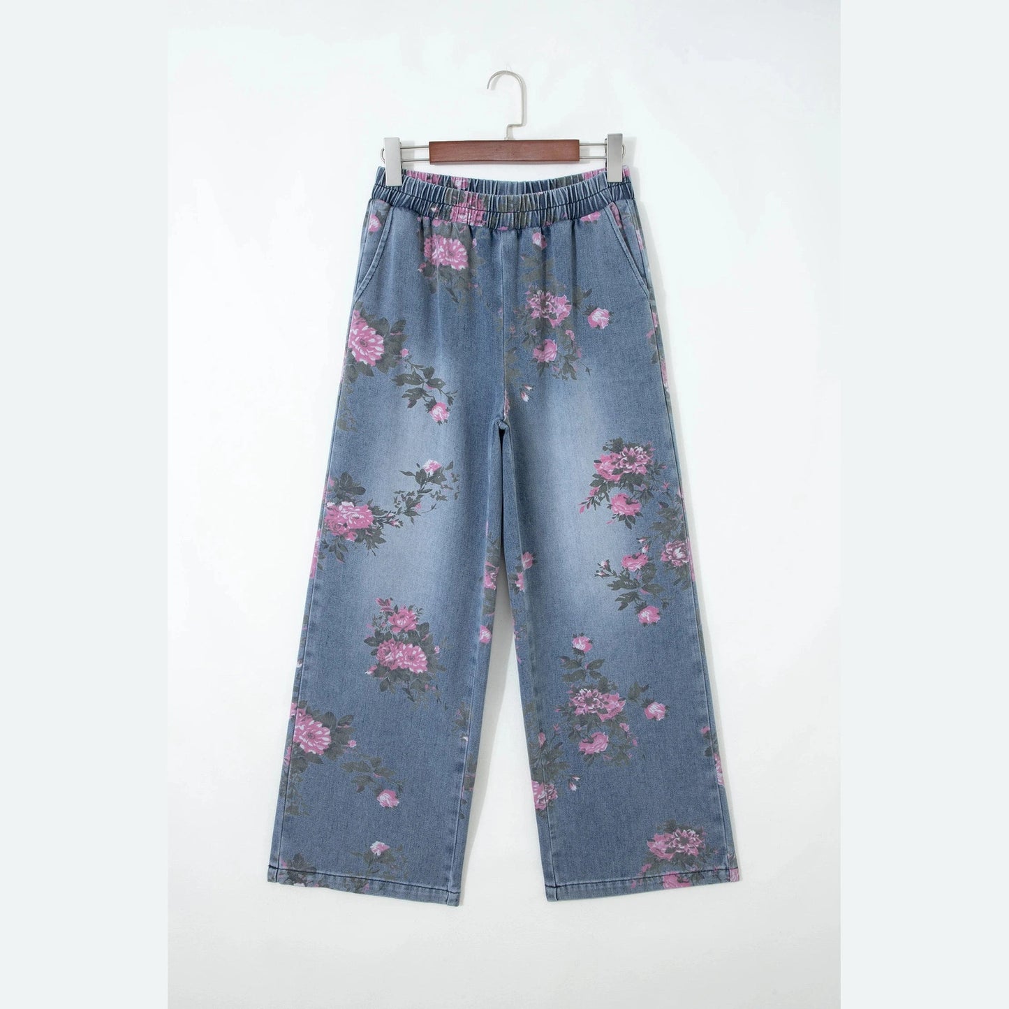 Bridgette Beau Blue Floral Print Elastic Waist Pull On Casual Jeans