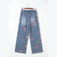 Bridgette Beau Blue Floral Print Elastic Waist Pull On Casual Jeans