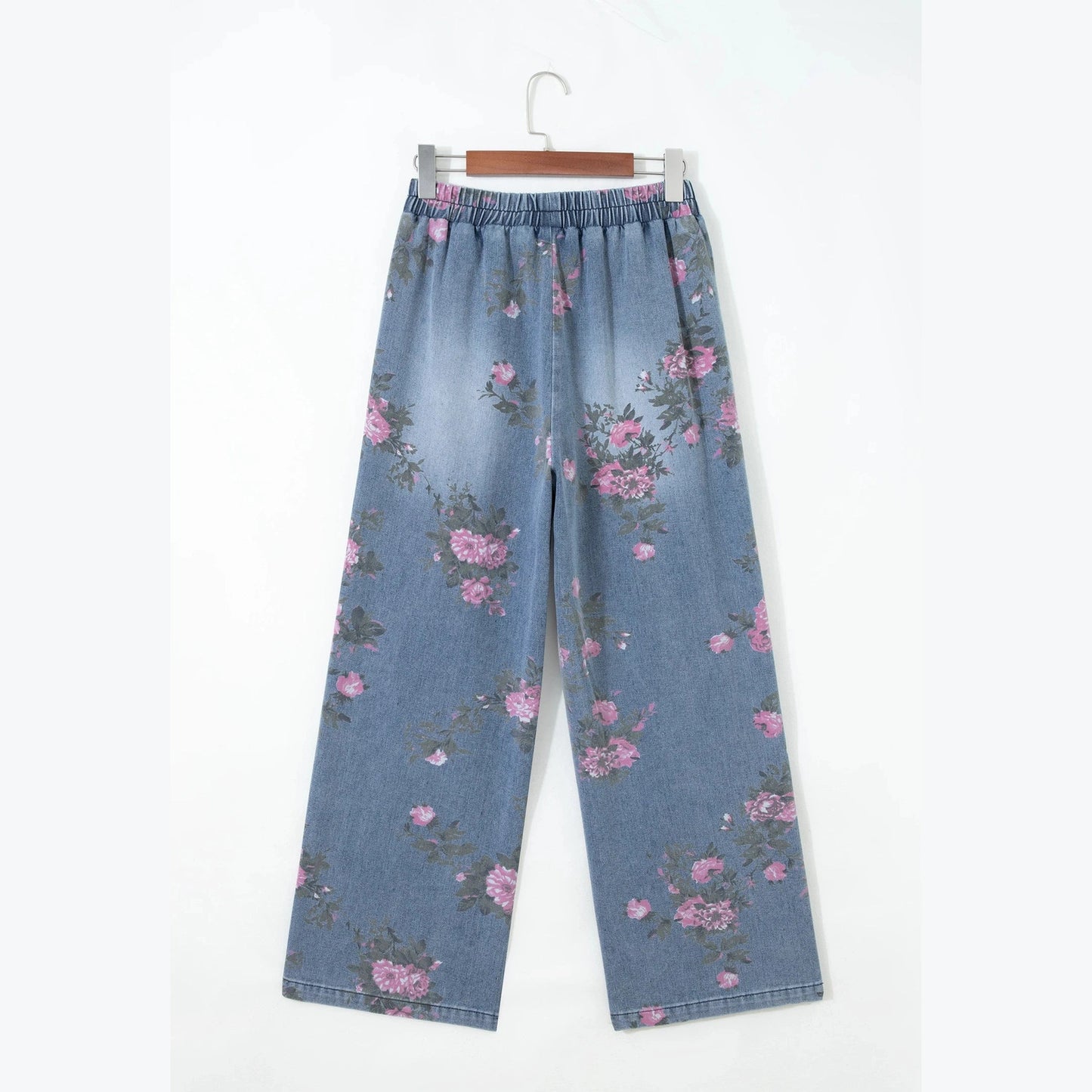 Bridgette Beau Blue Floral Print Elastic Waist Pull On Casual Jeans