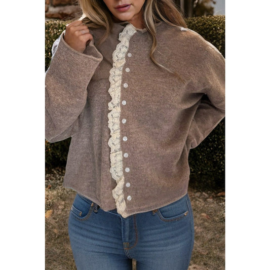 Brigetta Simply Taupe Contrast Frilled Lace Trim Loose Cardigan Sweater