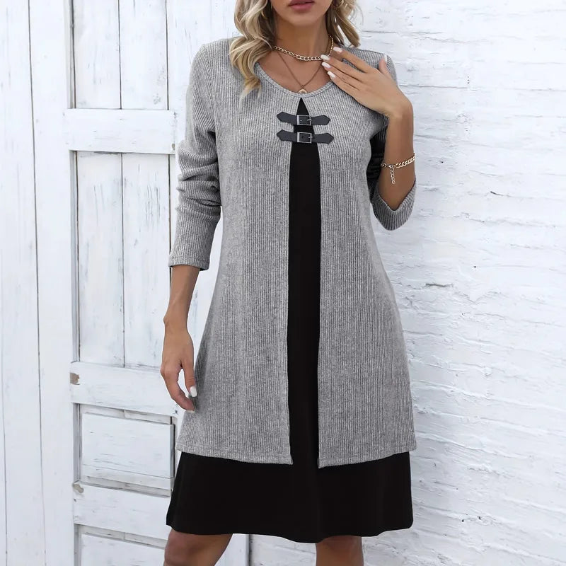 Brindle Grey Faux Two Piece Buckled Sweater Dress