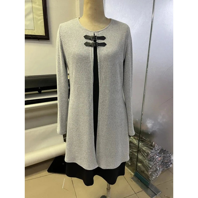 Brindle Grey Faux Two Piece Buckled Sweater Dress