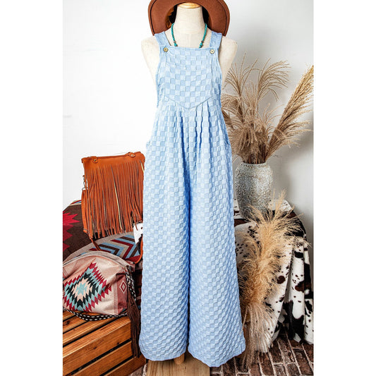 Brinley Beau Blue Checkered Pocketed High Waist Wide Leg Overall