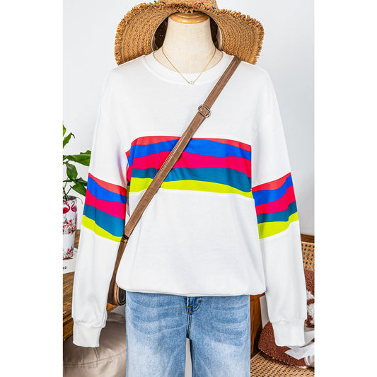 Brisa White Colorful Striped Accent Long Sleeve T Shirt