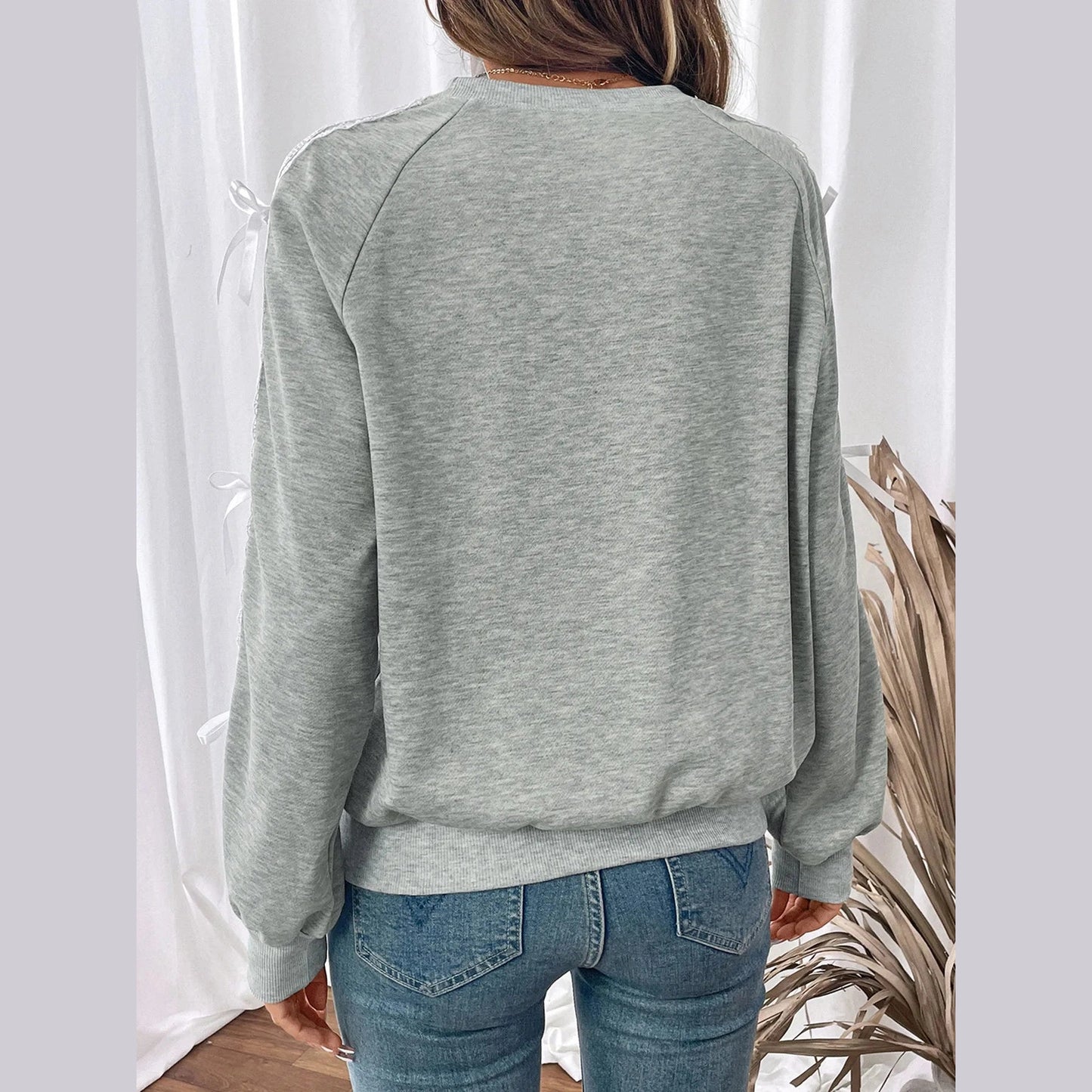 Bristol Grey Bow Lace Detail Long Sleeve Sweatshirt