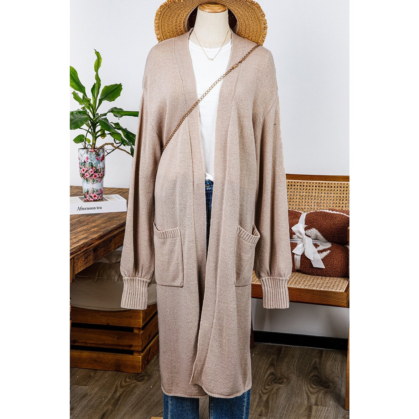 Brittyn Beige Side Pockets Open Front Long Knitted Cardigan