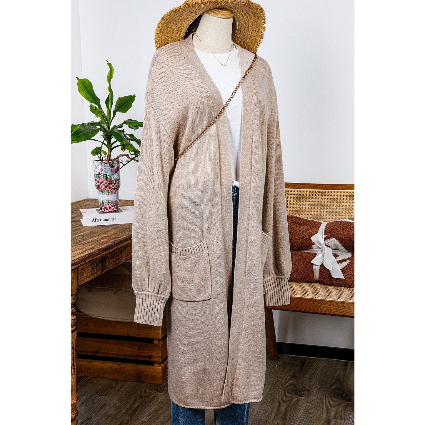 Brittyn Beige Side Pockets Open Front Long Knitted Cardigan