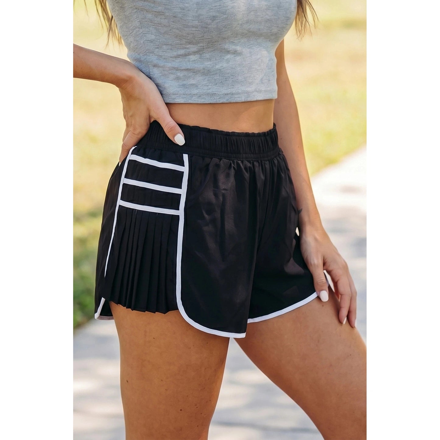 Britt Black Contrast Trim Pleated Casual Active Shorts