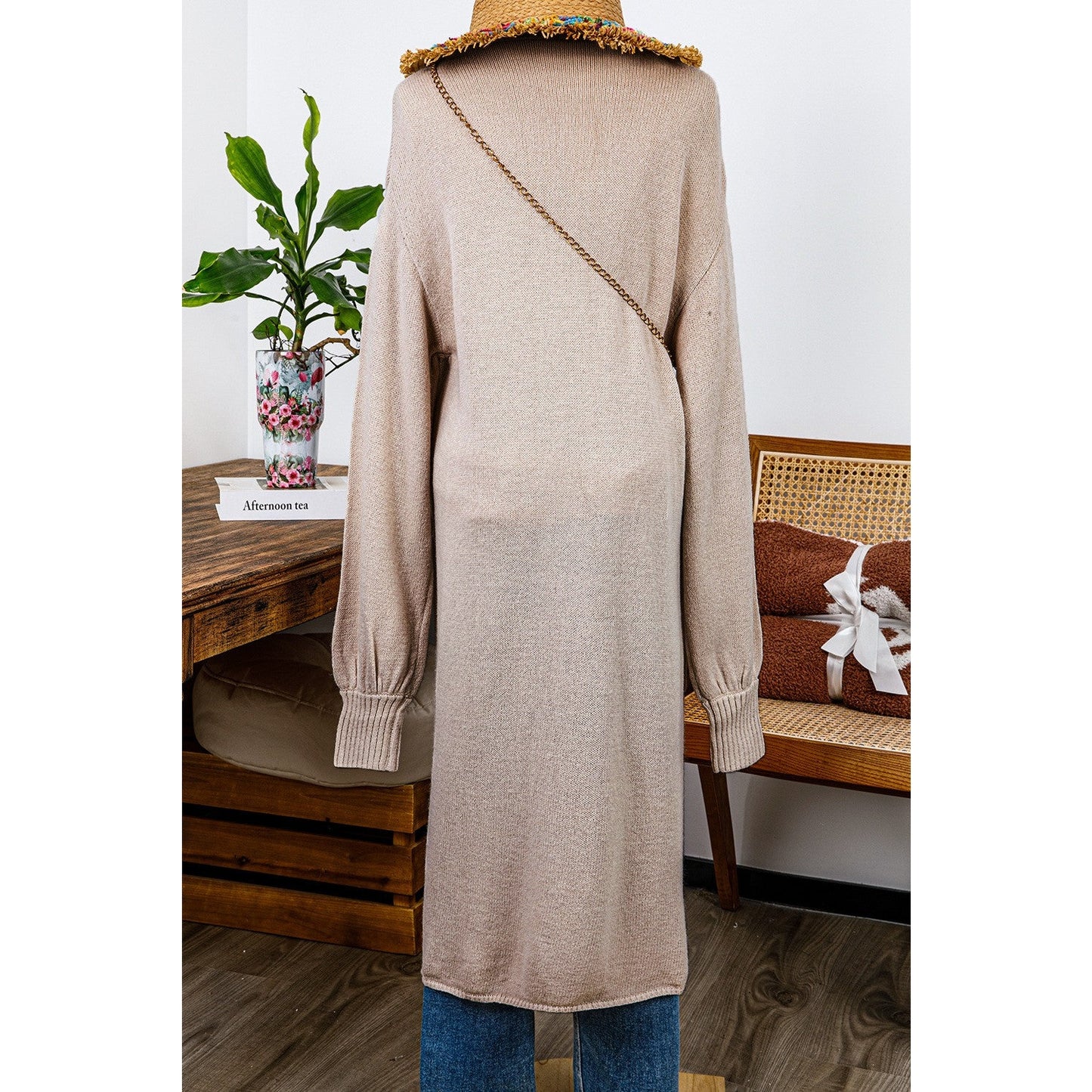 Brittyn Beige Side Pockets Open Front Long Knitted Cardigan