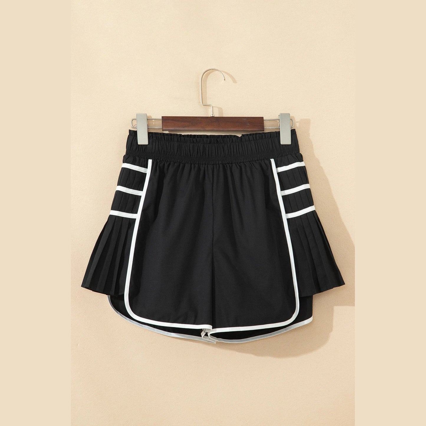 Britt Black Contrast Trim Pleated Casual Active Shorts