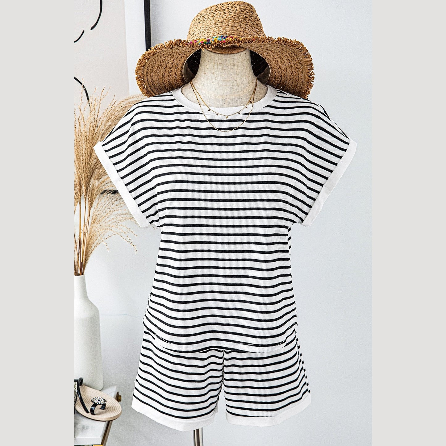Brixley White Stripe Contrast Edge Tee and Shorts Set