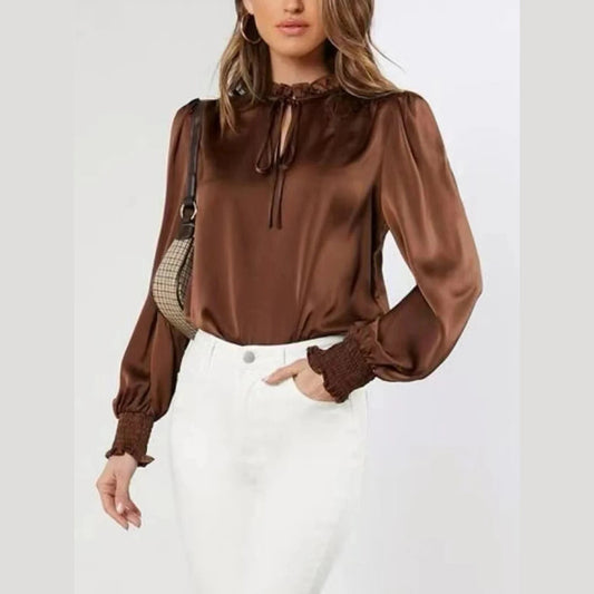 Biba Brown Stand Collar Satin Blouse