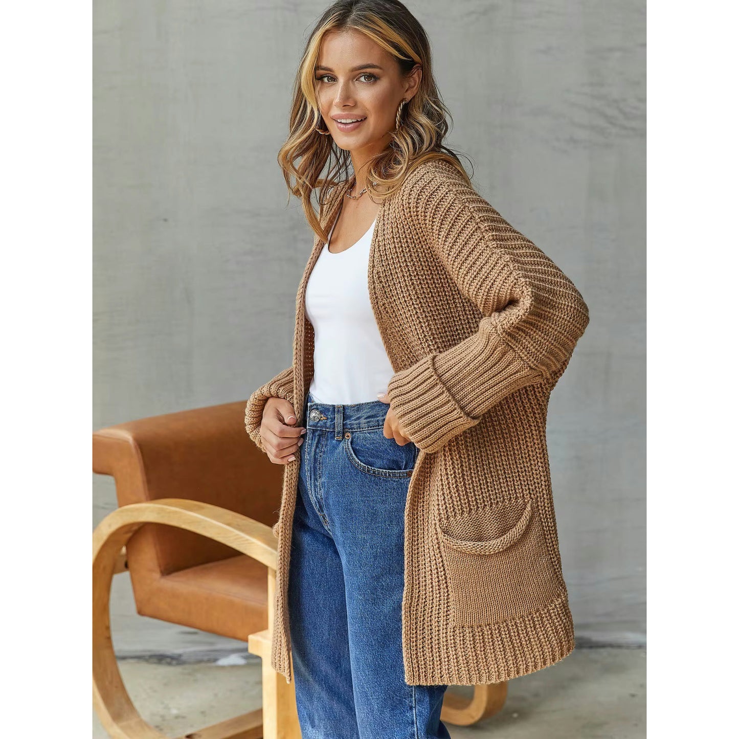 Jeyma Brown Chunky Open Front Cardigan