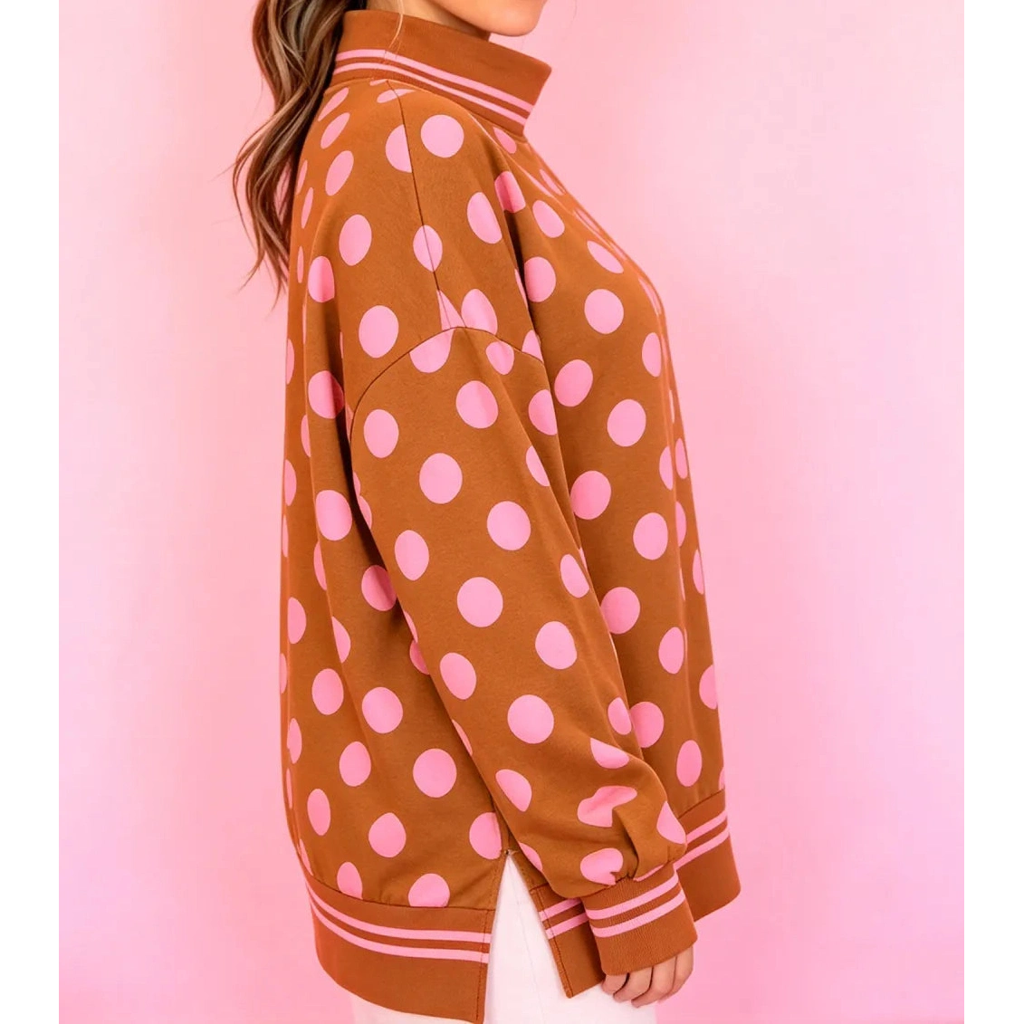 Graysen Brown Polka Dot Striped Trim Mock Neck Sweatshirt