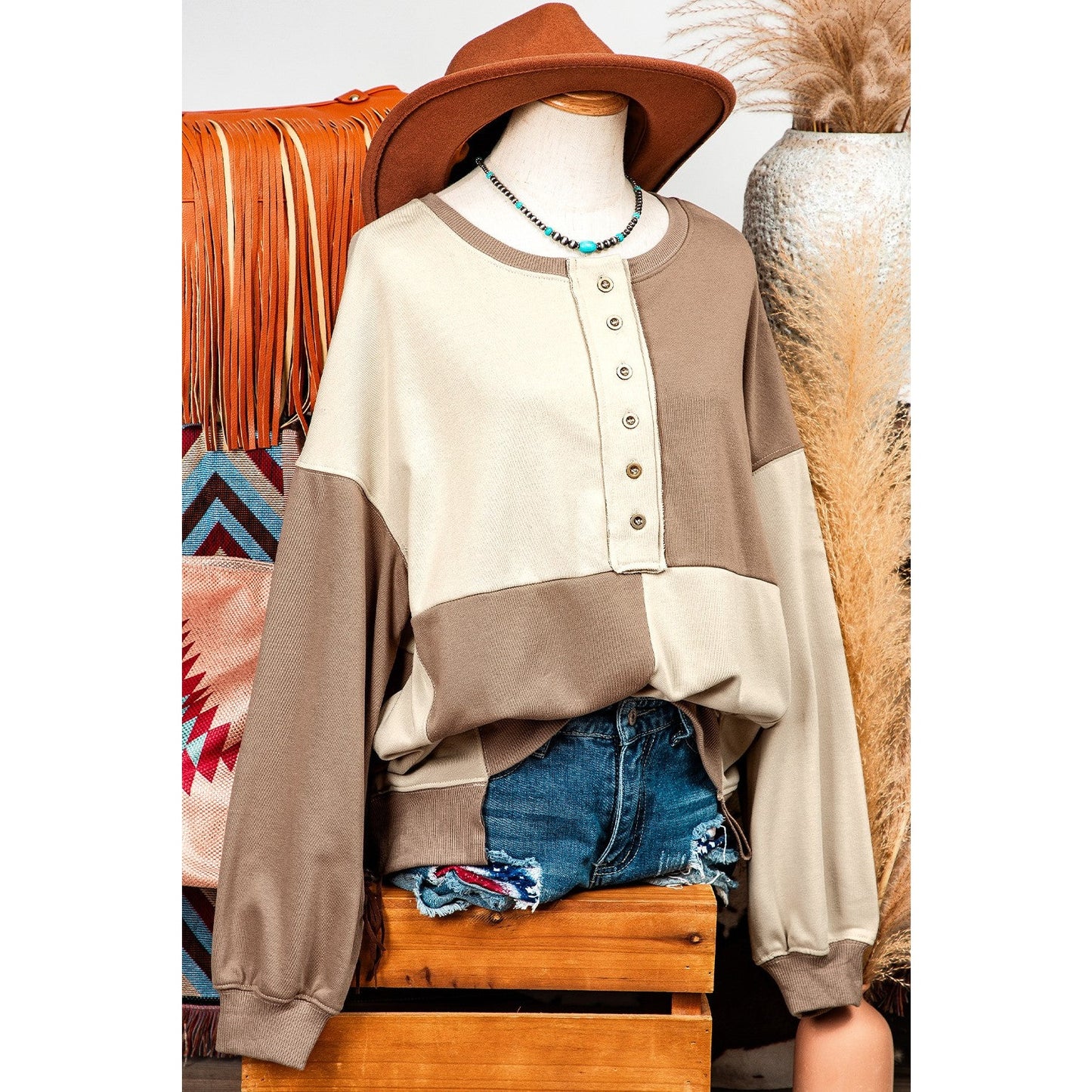 Ryder Parchment Colorblock Henley High Low Oversize Sweatshirt
