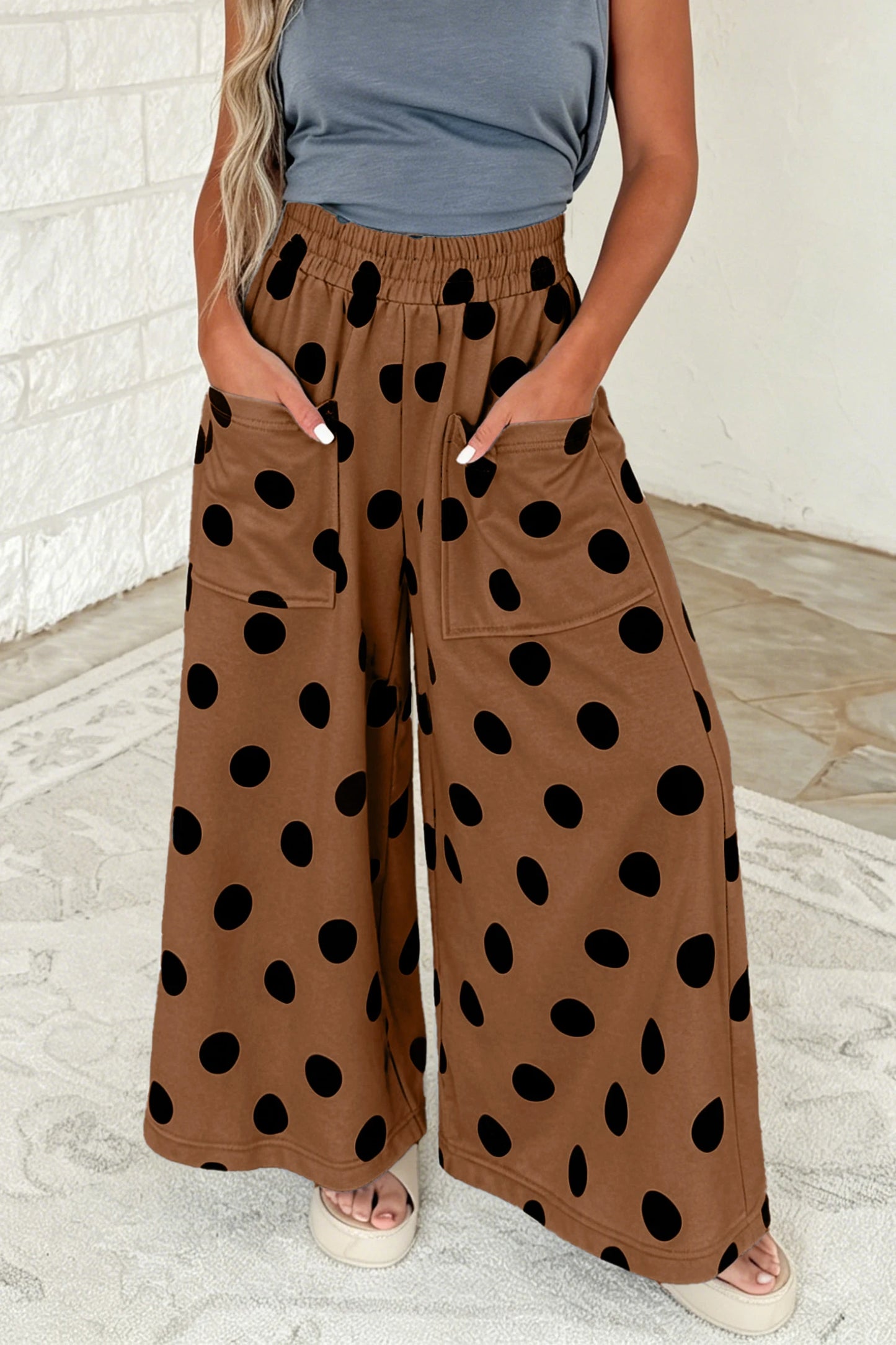 Joey Brown Polka Dot Wide Leg Elastic Waist Casual Pants