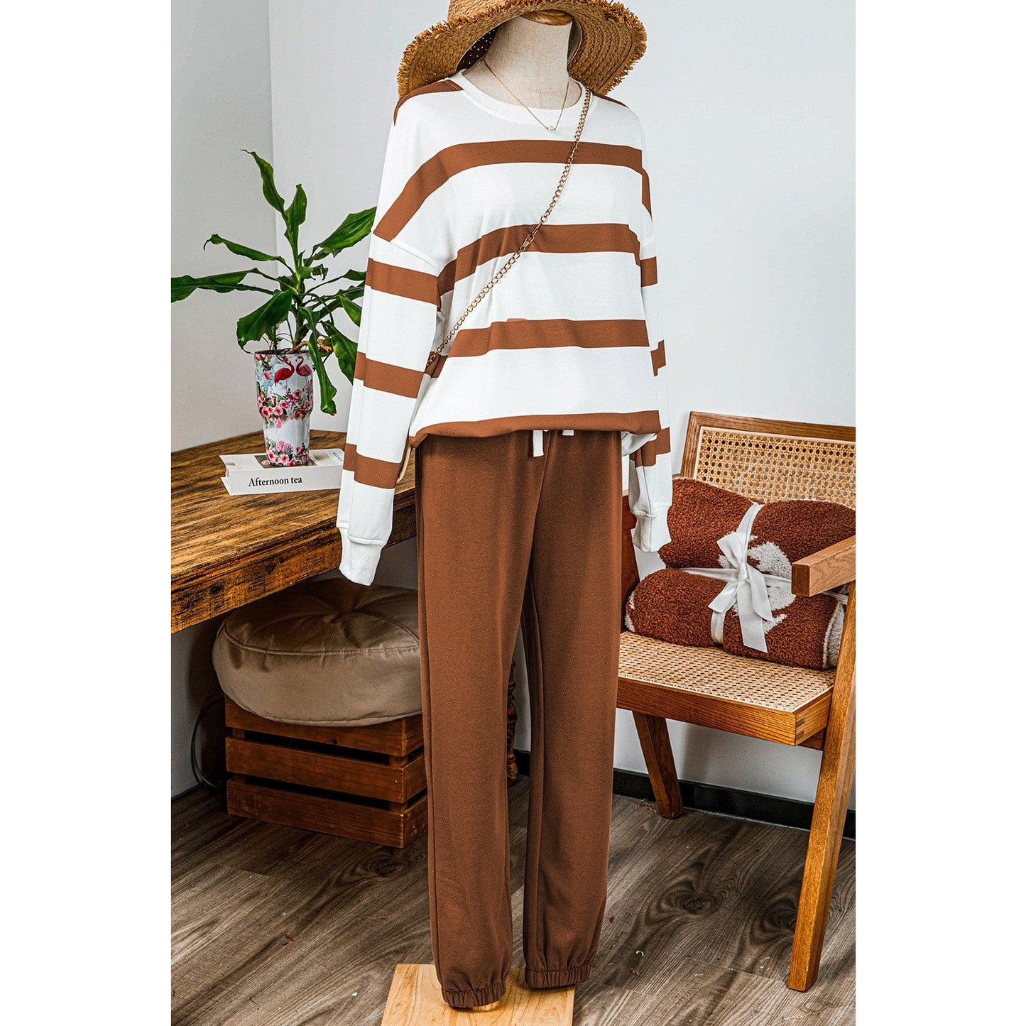 Gisselle Brown Striped Drop Shoulder Pullover and Jogger Pants Set * S-3X