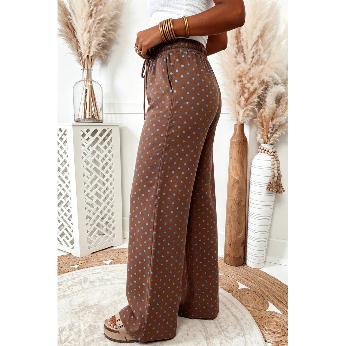 RTS Brown Casual Polka Dot Wide Leg Drawstring Pants