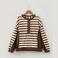 RTS Brown Stripe Exposed Seam Color Block Patchwork Button Placket Sweatshirt
