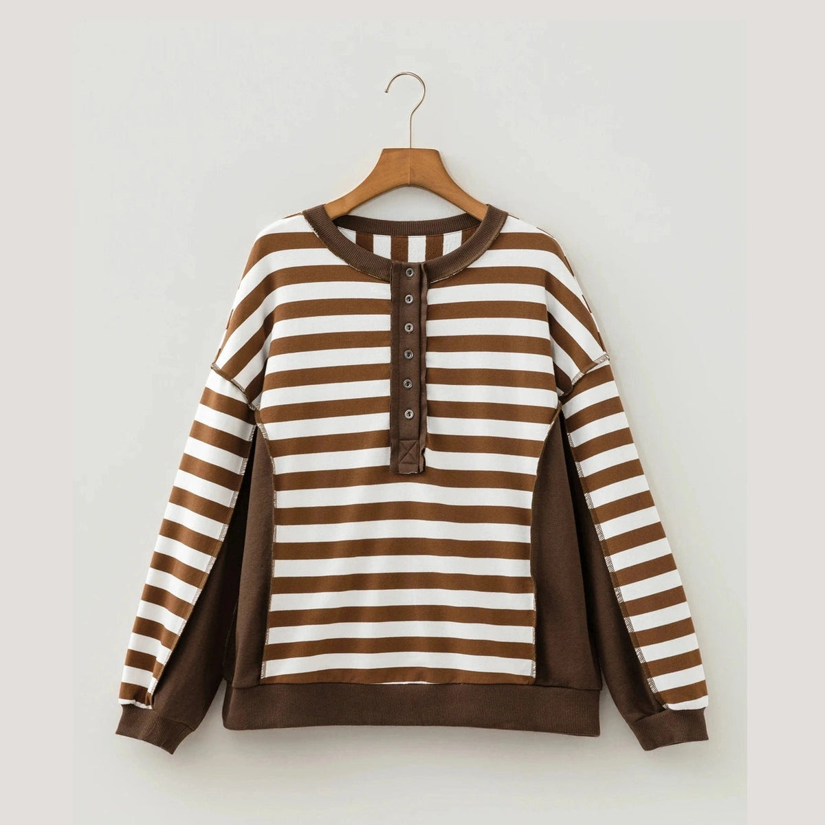RTS Brown Stripe Exposed Seam Color Block Patchwork Button Placket Sweatshirt