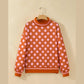 Graysen Brown Polka Dot Striped Trim Mock Neck Sweatshirt