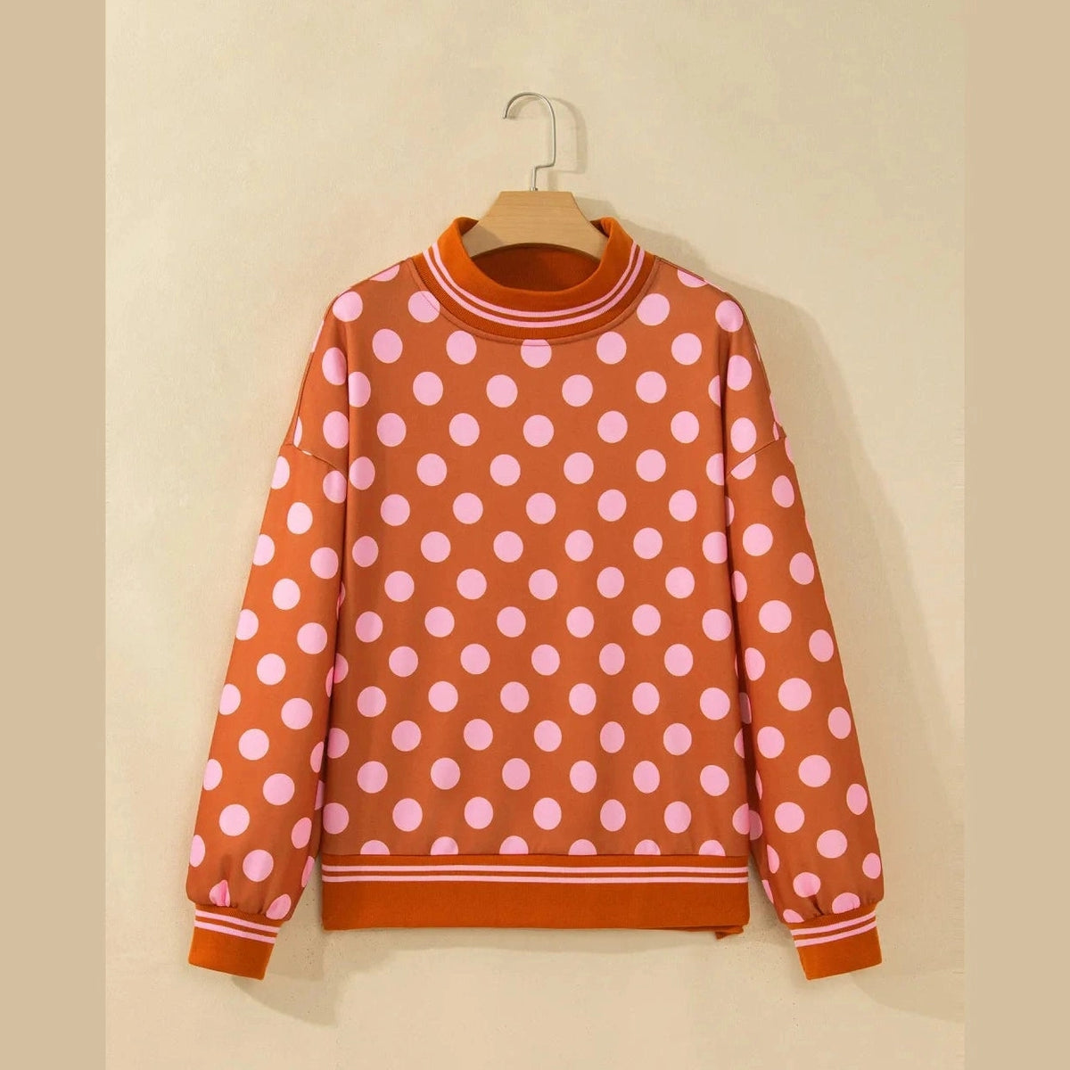 Graysen Brown Polka Dot Striped Trim Mock Neck Sweatshirt