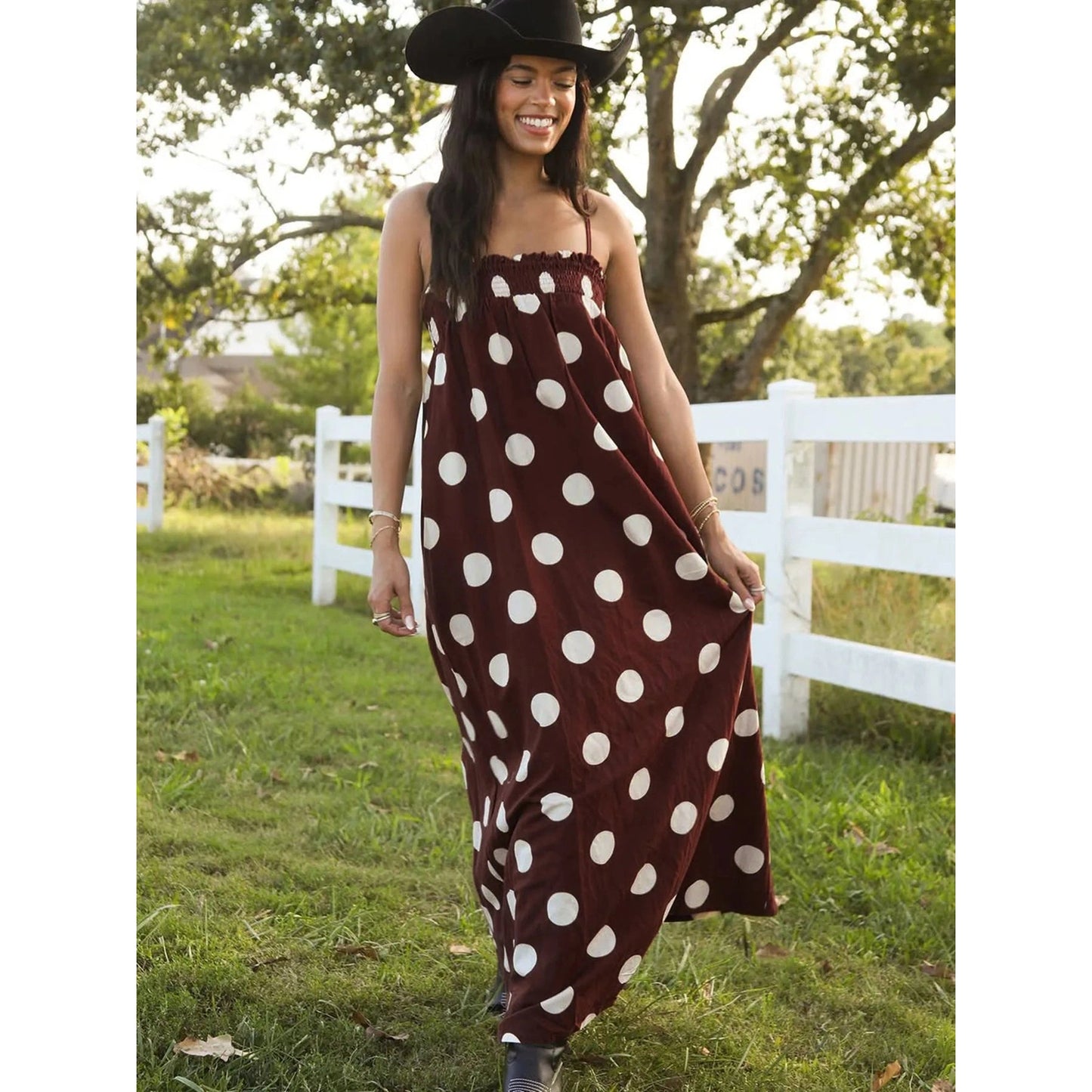 Lane Cocoa Polka Dot Midi Dress