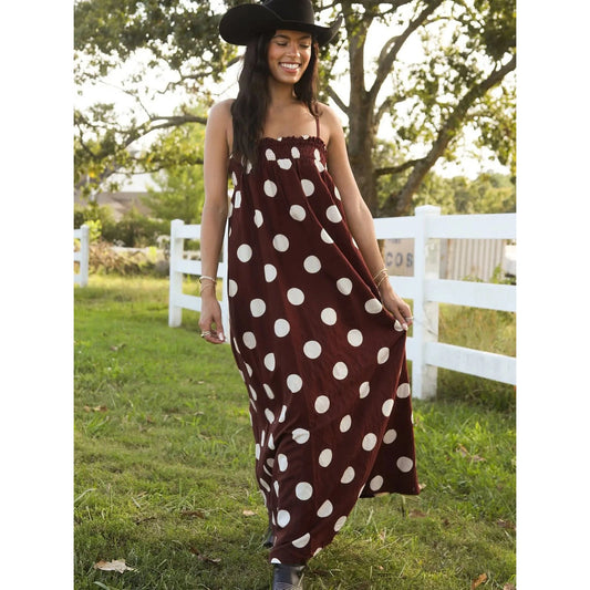 Lane Cocoa Polka Dot Midi Dress