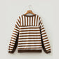 RTS Brown Stripe Exposed Seam Color Block Patchwork Button Placket Sweatshirt