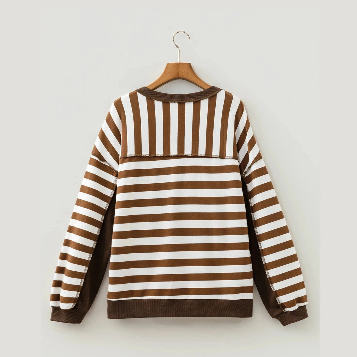 RTS Brown Stripe Exposed Seam Color Block Patchwork Button Placket Sweatshirt
