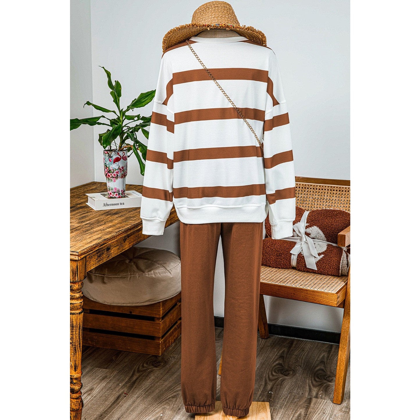 Gisselle Brown Striped Drop Shoulder Pullover and Jogger Pants Set * S-3X