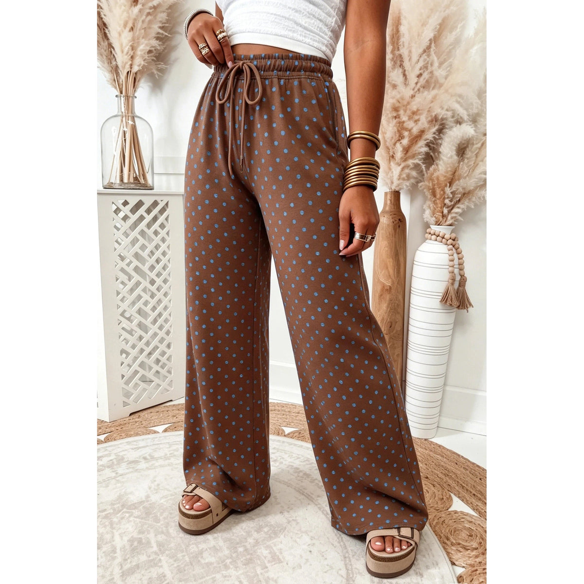 RTS Brown Casual Polka Dot Wide Leg Drawstring Pants