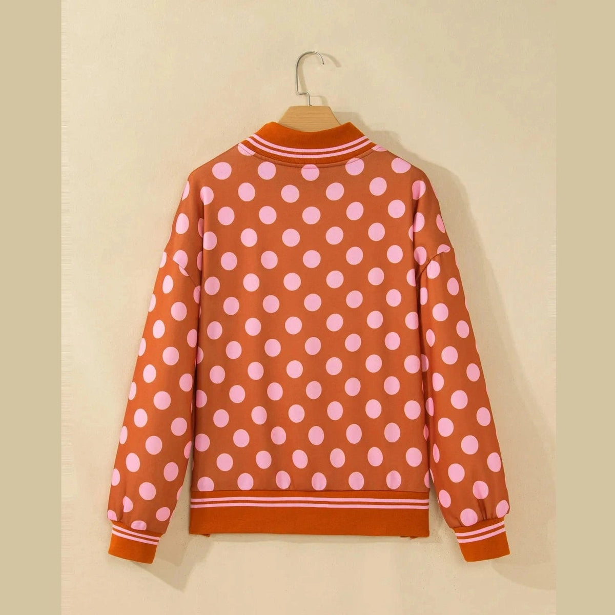 Graysen Brown Polka Dot Striped Trim Mock Neck Sweatshirt