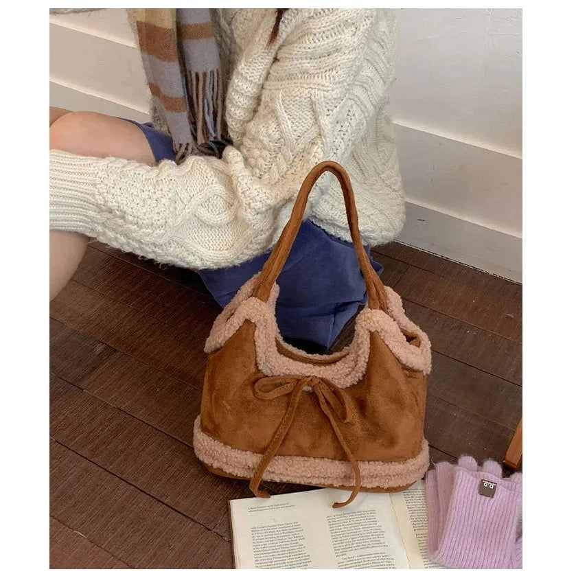 Faux Shearling Shoulder Bag with Bow Detail - 4 Colors