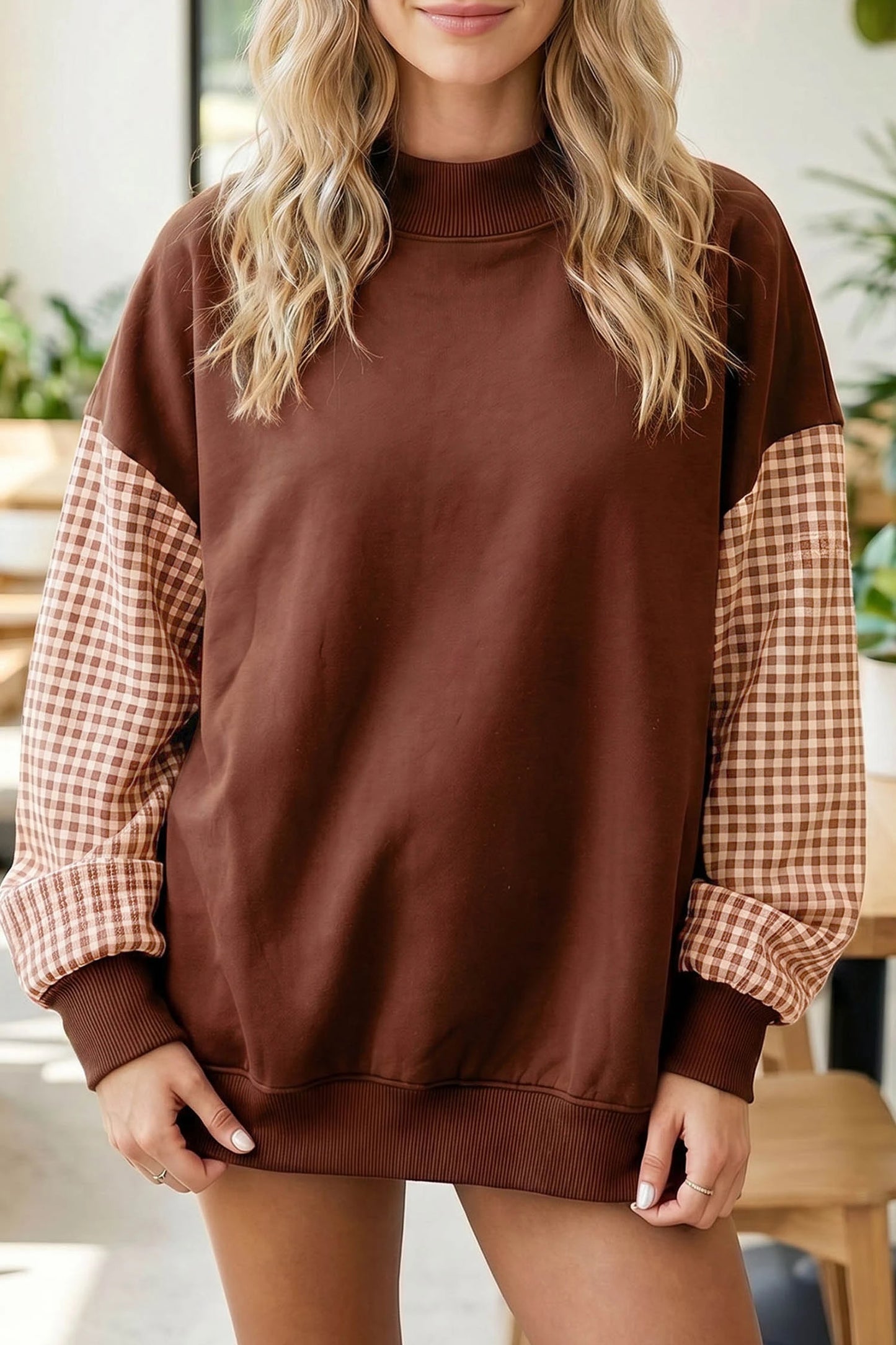 Kyrie Coffee Plaid Sleeve Colorblock Loose Tunic Sweatshirt