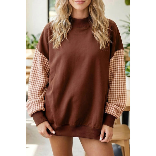 Kyrie Coffee Plaid Sleeve Colorblock Loose Tunic Sweatshirt