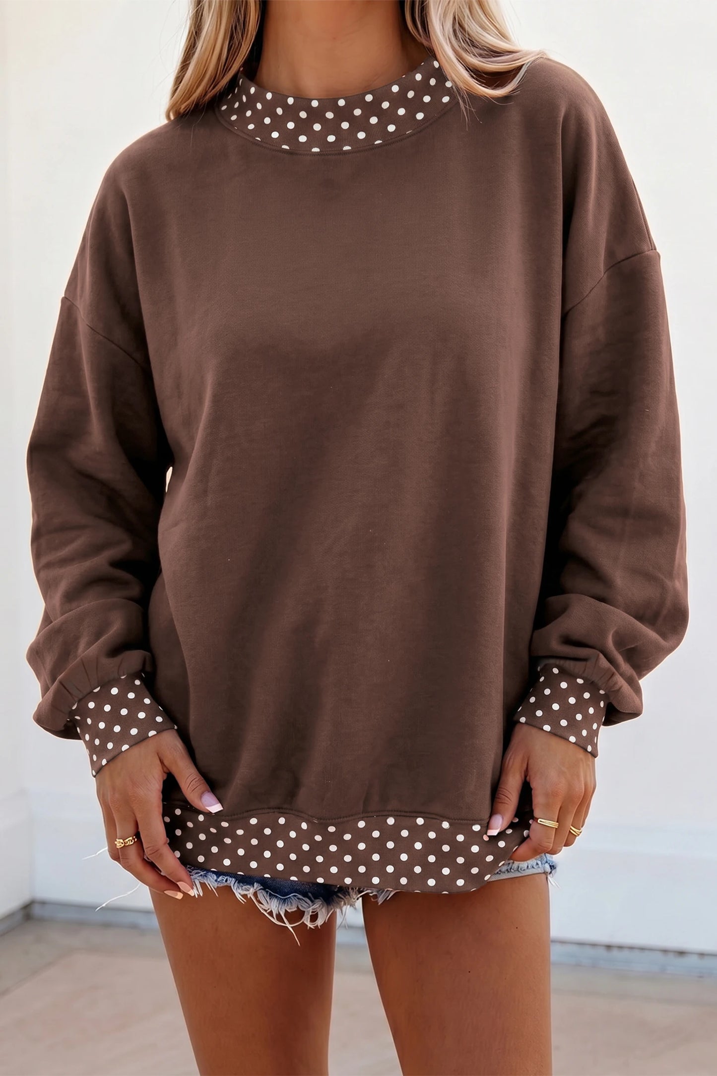 Phoebe Brown Colorblock Polka Dot Contrast Trim Oversized Sweatshirt