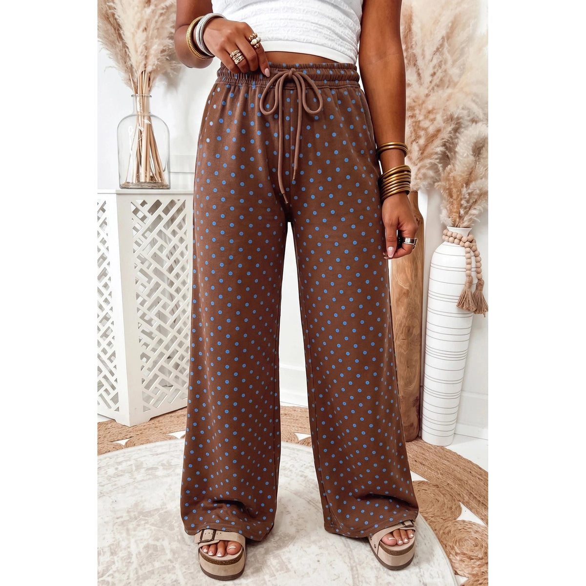 RTS Brown Casual Polka Dot Wide Leg Drawstring Pants