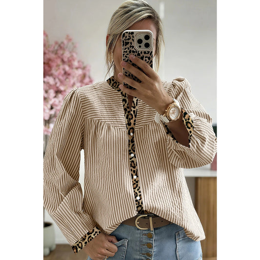 RTS Brown Stripe Leopard Patchwork Long Sleeve Shirt