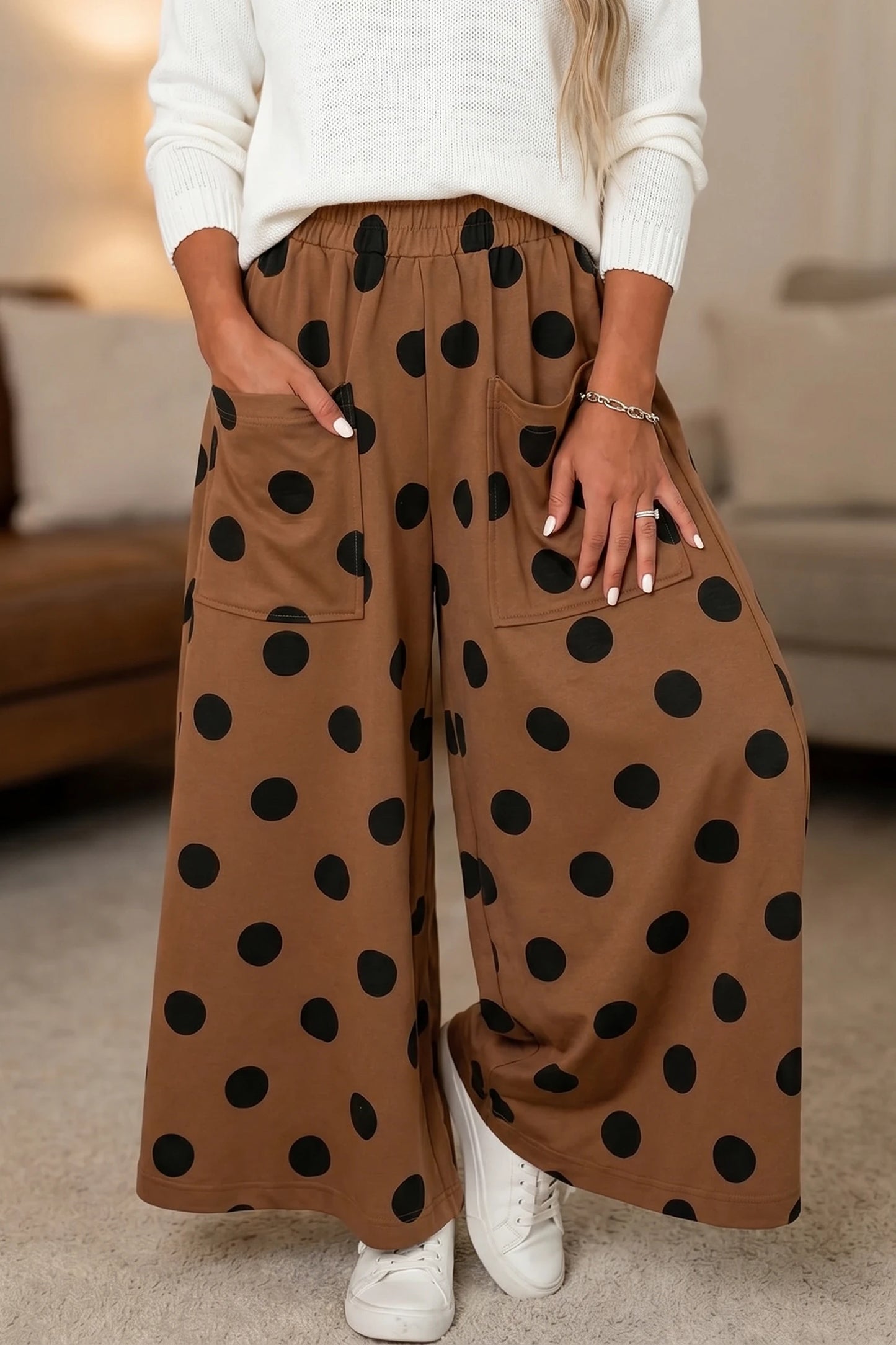 Joey Brown Polka Dot Wide Leg Elastic Waist Casual Pants