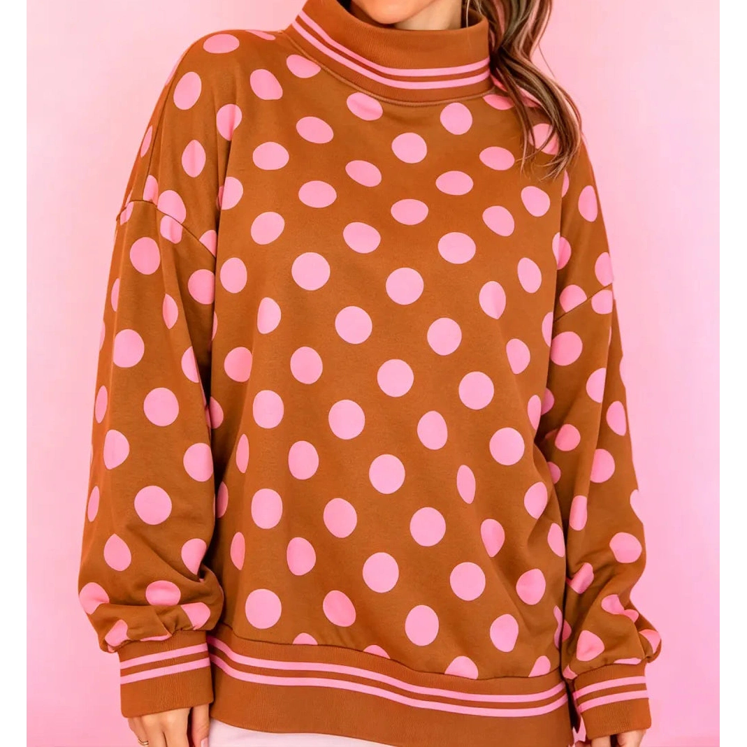 Graysen Brown Polka Dot Striped Trim Mock Neck Sweatshirt