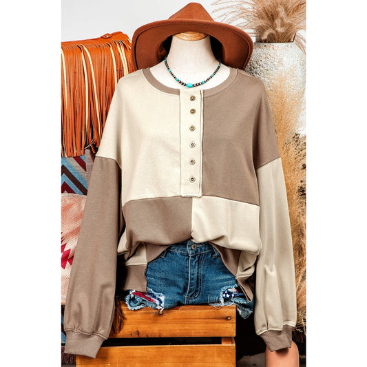 Ryder Parchment Colorblock Henley High Low Oversize Sweatshirt